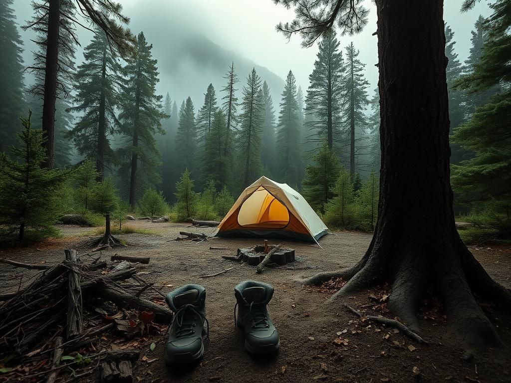 Flick International Remote campsite in Sierra County with a tent and hiking boots