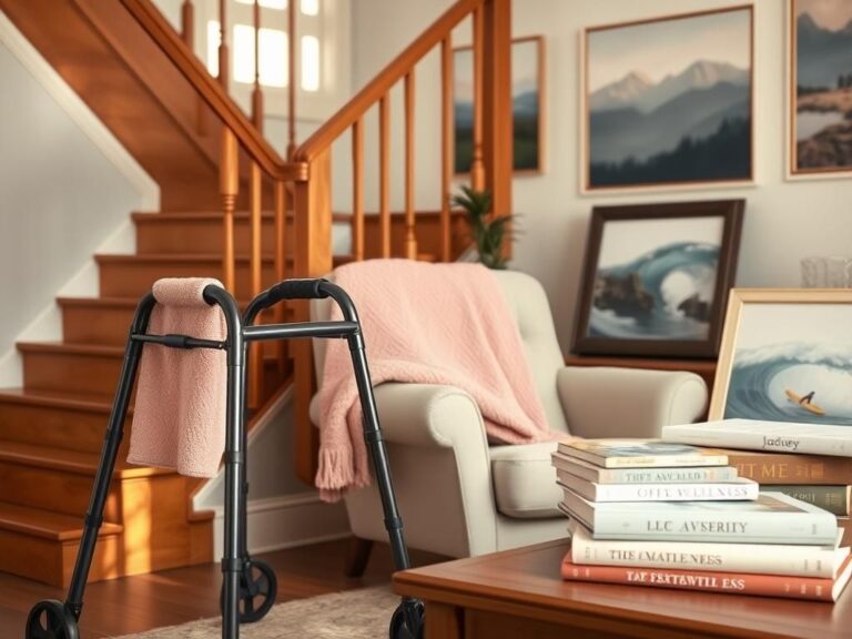 Flick International Cozy living room scene featuring a walker and a vintage staircase symbolizing recovery