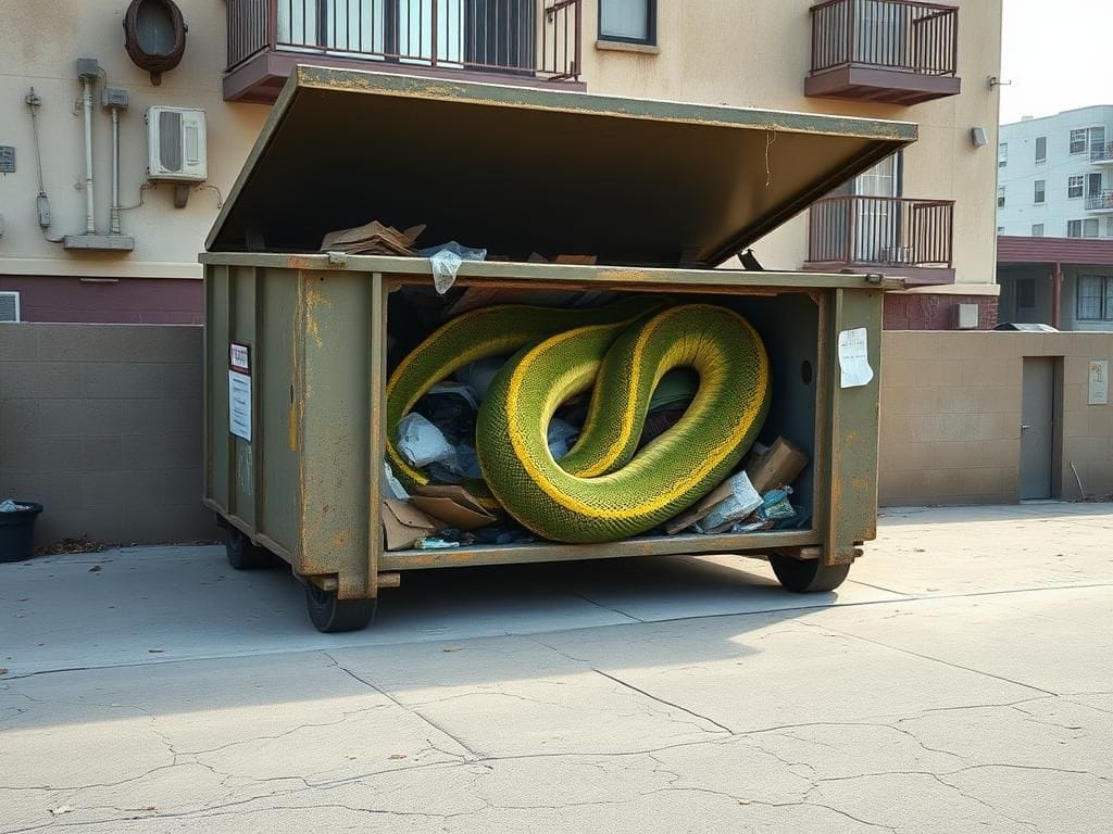 Flick International A vibrant 16-foot python coiled inside a dumpster in Los Angeles