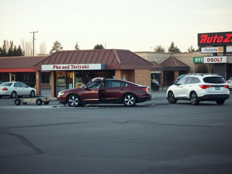 Flick International Maroon sedan crashed into Pho and Teriyaki restaurant in University Place, Washington
