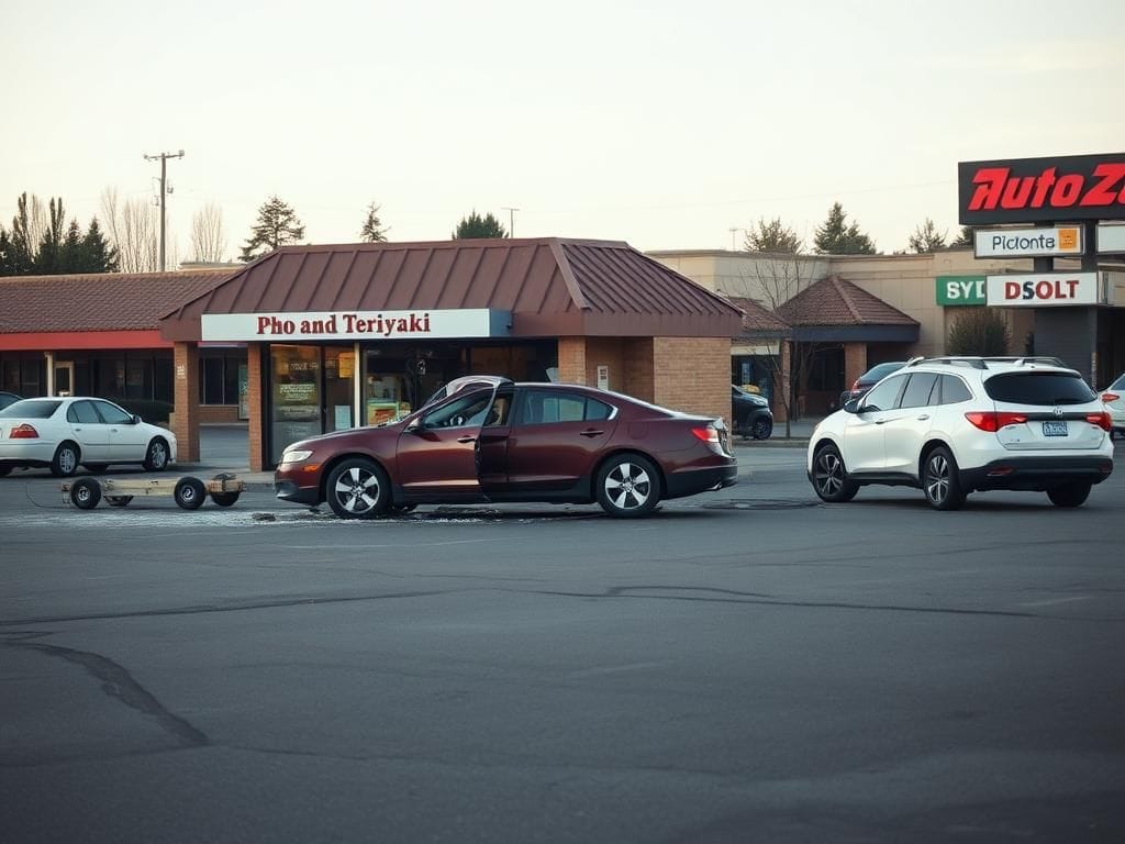 Flick International Maroon sedan crashed into Pho and Teriyaki restaurant in University Place, Washington