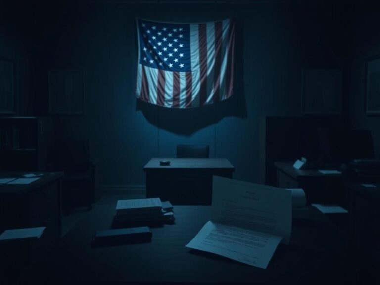 Flick International Abandoned FBI office with scattered papers and a tattered American flag symbolizing political turmoil