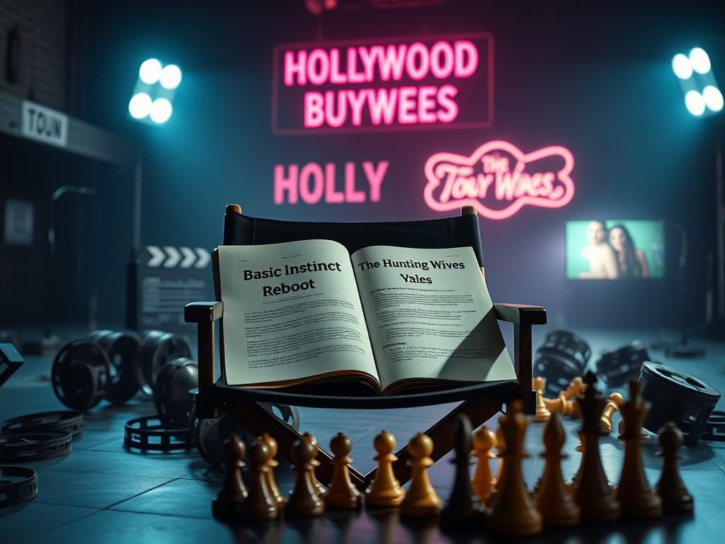 Flick International Dimly lit Hollywood film set with a script on a director's chair featuring titles 'Basic Instinct Reboot' and 'The Hunting Wives'