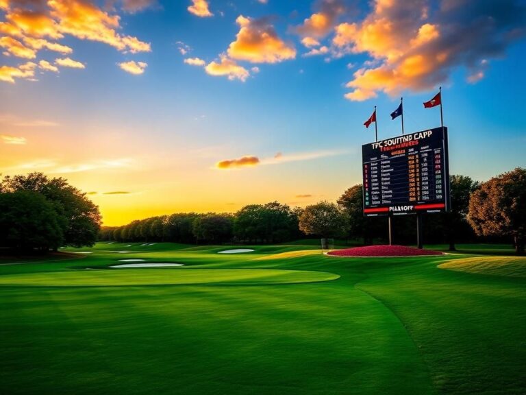 Flick International Dramatic sunset over TPC Southwind golf course with scoreboard displaying birdies.
