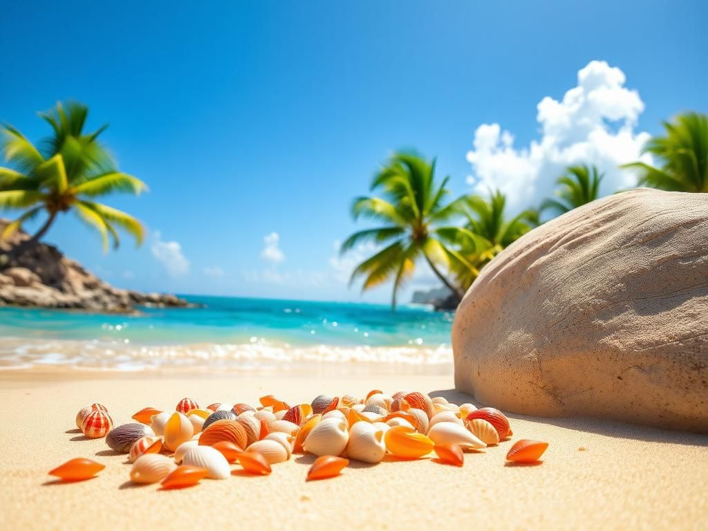 Flick International Colorful seashells scattered on sandy beach near crystal clear water in St. Barth