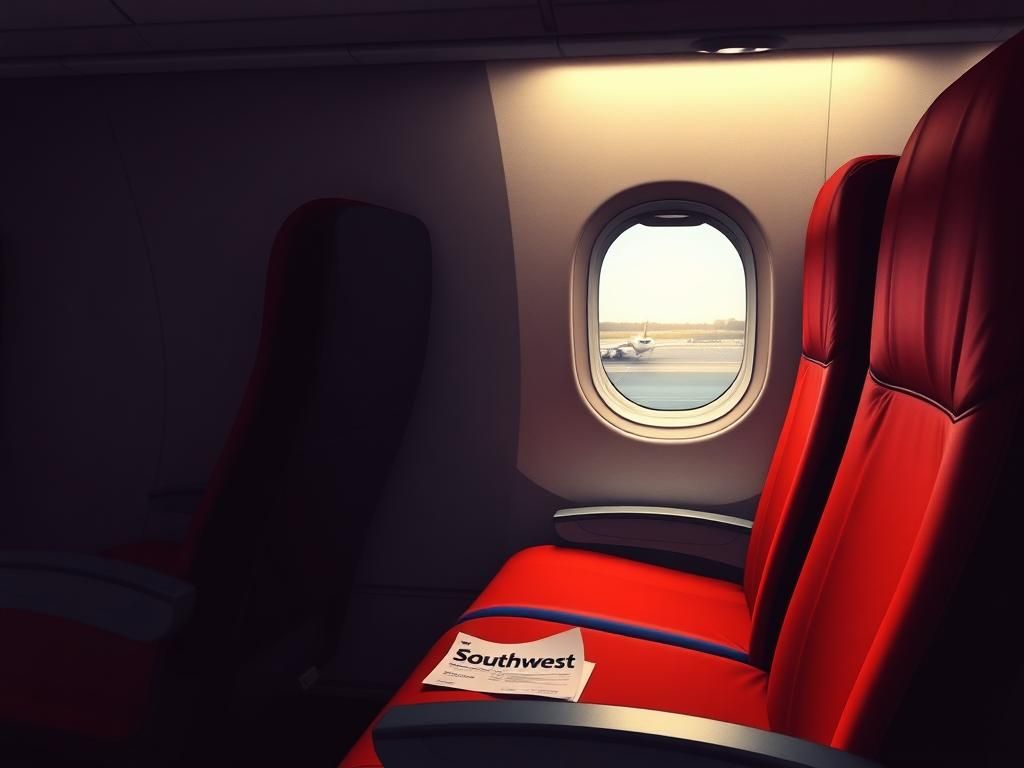 Flick International Dimly lit interior of an empty Southwest Airlines airplane with two vacant seats by the window.