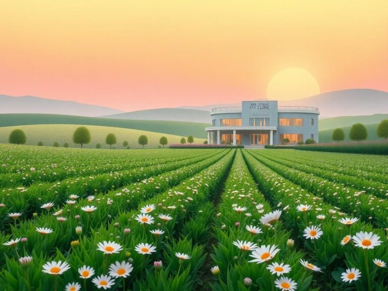 Flick International Lush green field with blooming flowers representing fertility and hope surrounding an inviting IVF clinic