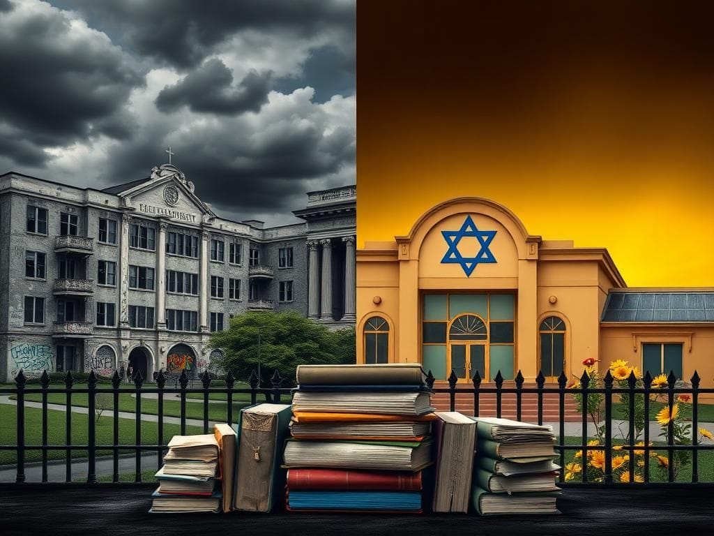 Flick International A striking visual contrasting a university campus filled with graffiti symbolizing antisemitism and a fortified Jewish community center representing safety and resilience.