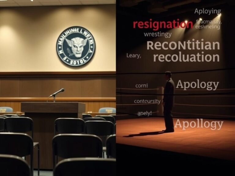 Flick International A split scene showing a school board meeting room and a dimly lit wrestling ring symbolizing tension and controversy