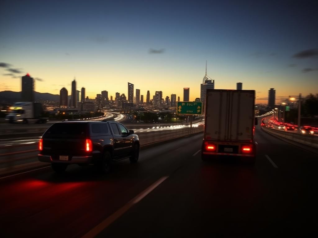 Flick International Dark-colored pickup truck speeding on busy LA highway during police chase
