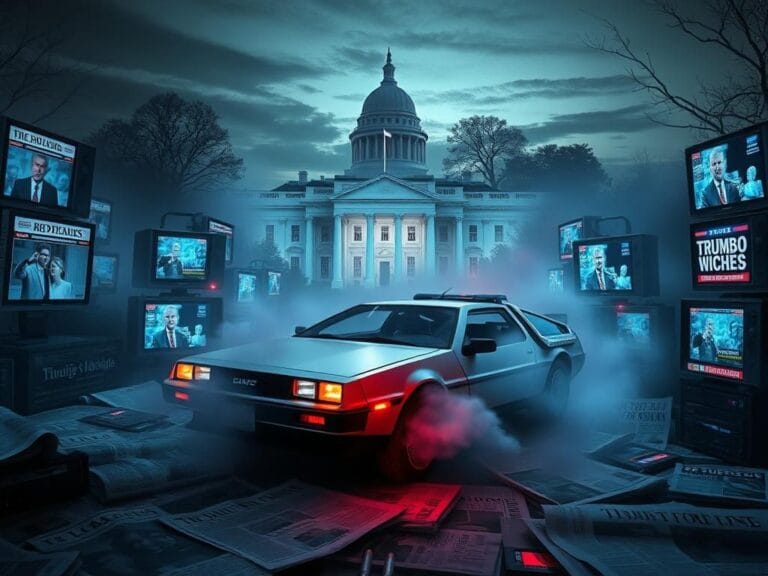 Flick International A vintage DeLorean car partially obscured by mists, surrounded by chaotic media elements symbolizing time travel and media regression.