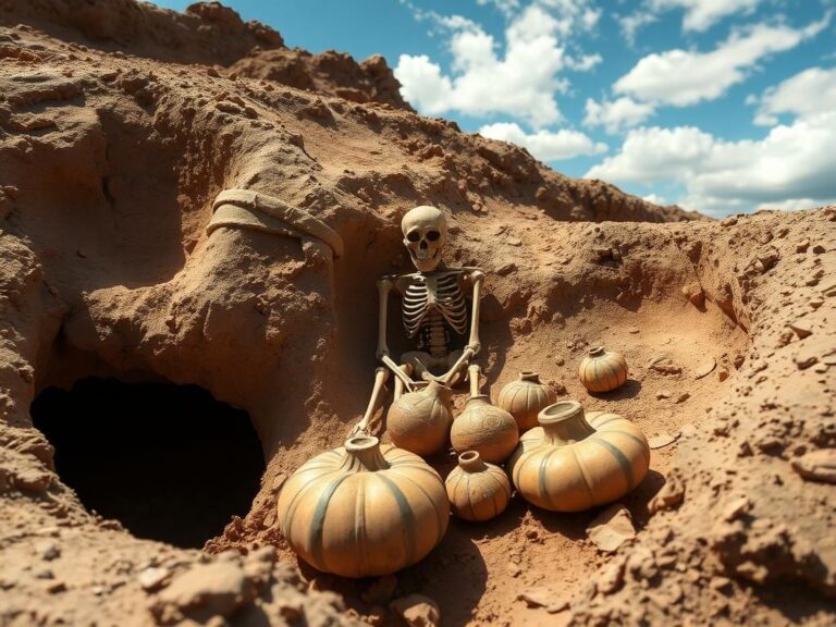 Flick International Close-up of two ancient pre-Incan tombs discovered in Lima, Peru, including one containing a 1,000-year-old skeleton and clay vessels