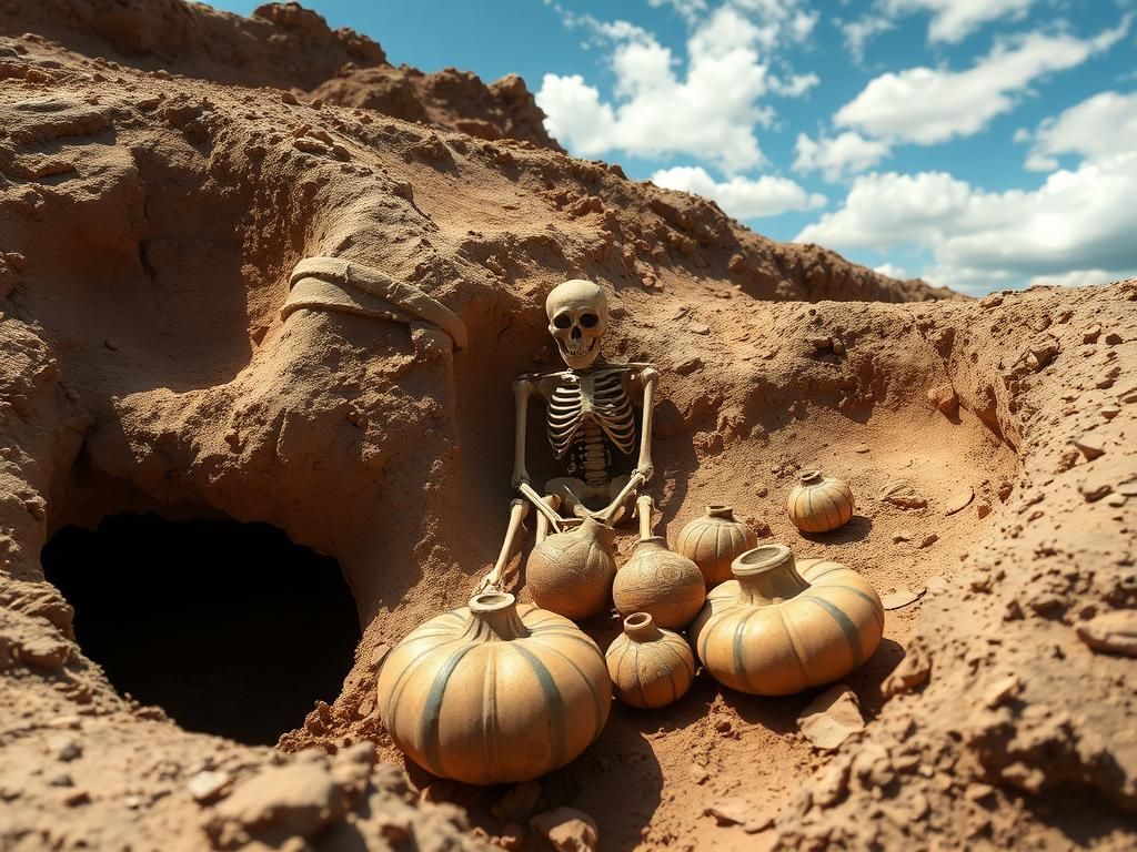 Flick International Close-up of two ancient pre-Incan tombs discovered in Lima, Peru, including one containing a 1,000-year-old skeleton and clay vessels