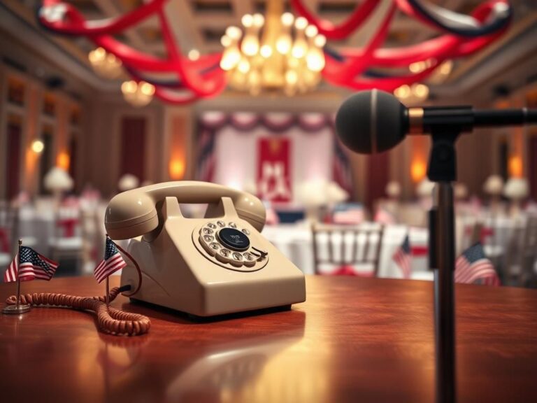 Flick International Close-up view of a vintage rotary phone on a polished wooden table amidst patriotic decorations