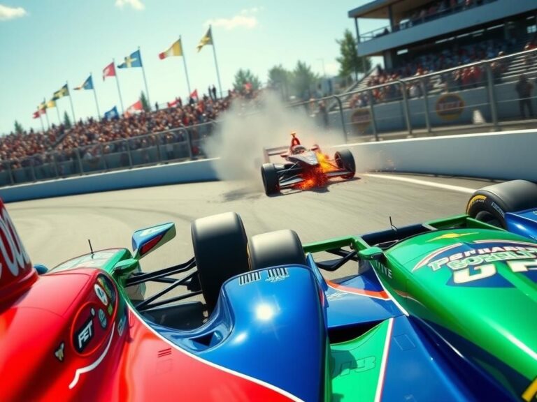 Flick International Close-up of two colorful IndyCars racing side by side at the Bitnile.com Grand Prix of Portland
