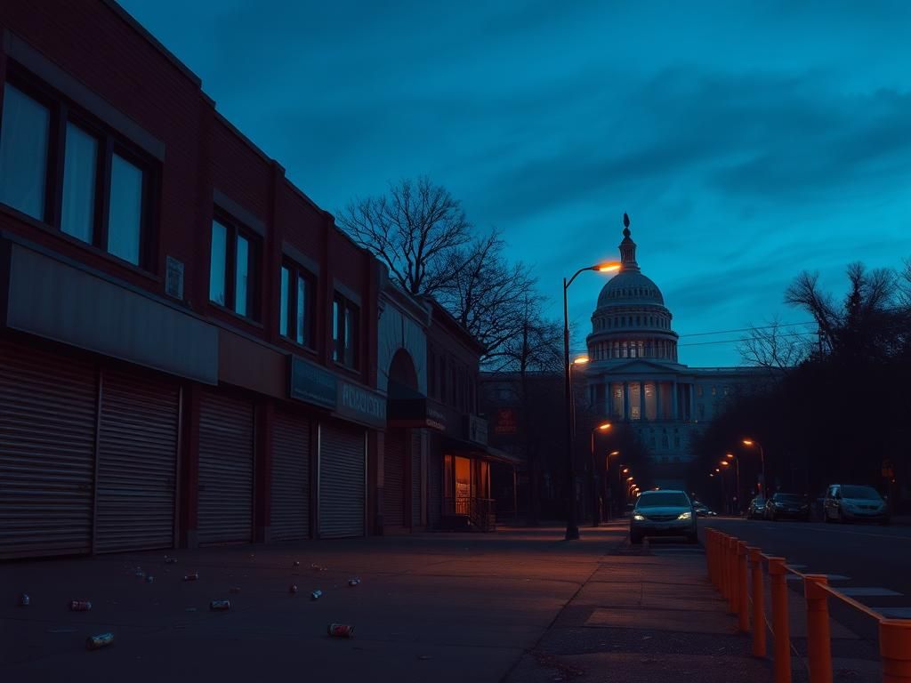 Flick International Deserted Washington, D.C. street at twilight with closed businesses