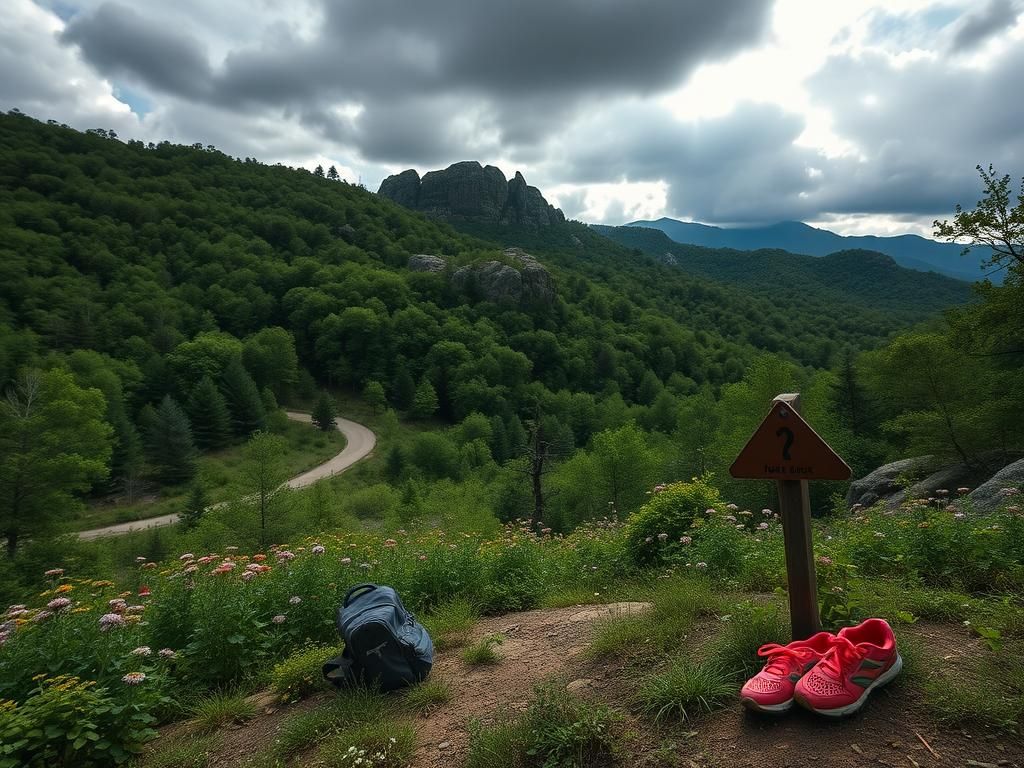 Flick International A serene hiking trail in Devil's Den State Park with abandoned child-sized gear, symbolizing lost innocence.