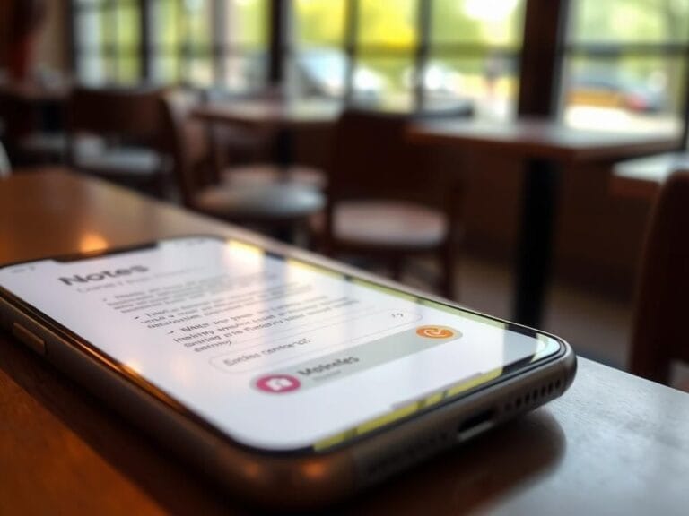 Flick International Close-up view of an iPhone displaying the Notes app with a partially written note in a cozy café