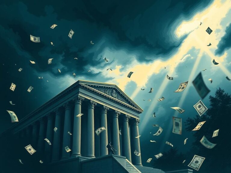 Flick International Abstract representation of a legislative building under a stormy sky with fluttering documents