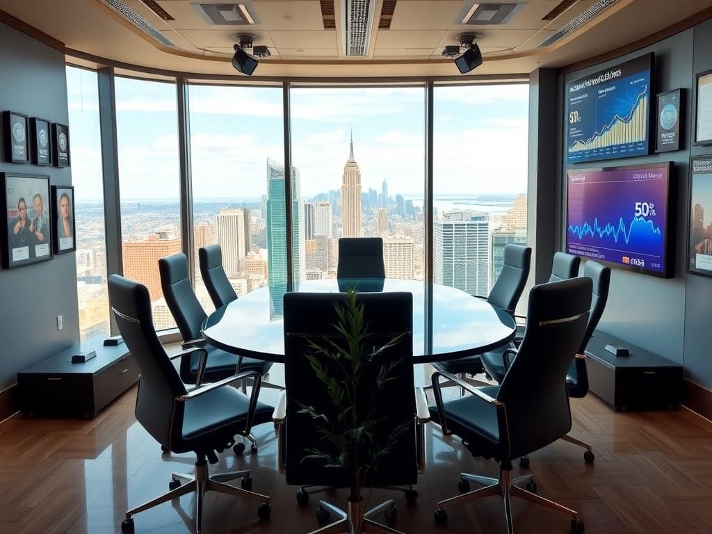 Flick International Modern conference room at CBS News showcasing a glass table and cityscape views