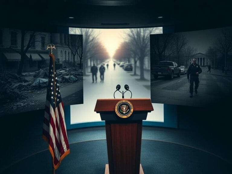 Flick International Dimly lit White House briefing room with empty microphone and images of D.C. streets affected by crime