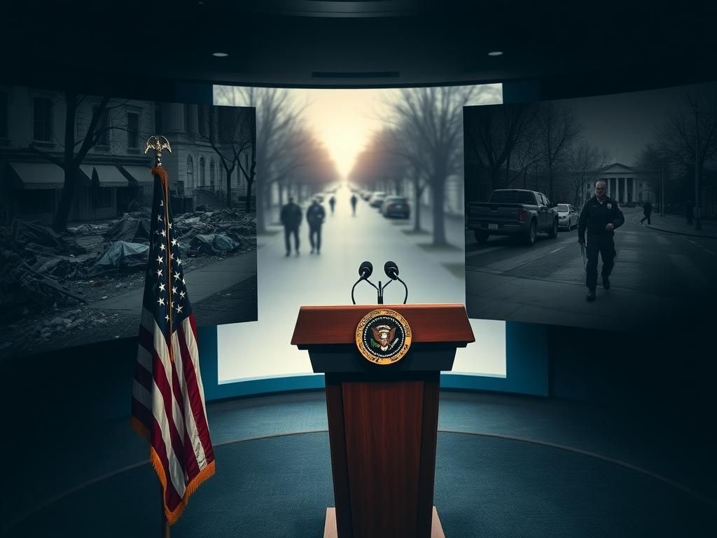 Flick International Dimly lit White House briefing room with empty microphone and images of D.C. streets affected by crime