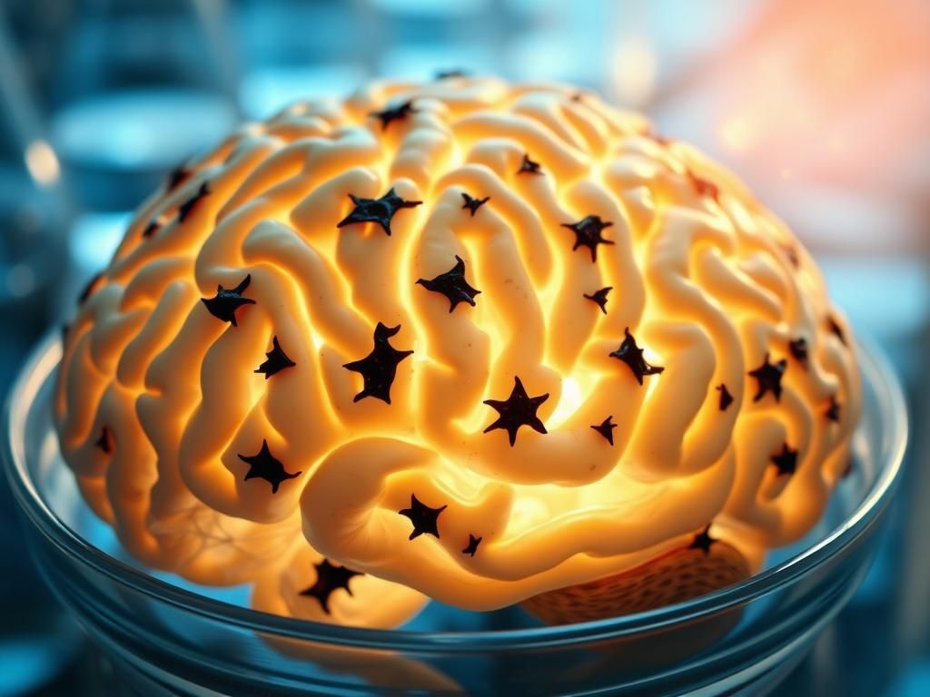 Flick International Close-up view of human brain tissue with symbolic representations of amyloid plaques.