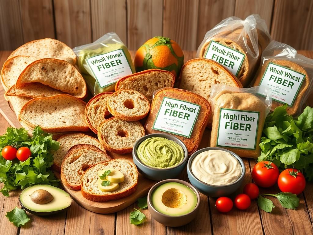 Flick International A beautifully arranged assortment of high-fiber bread products on a rustic wooden table