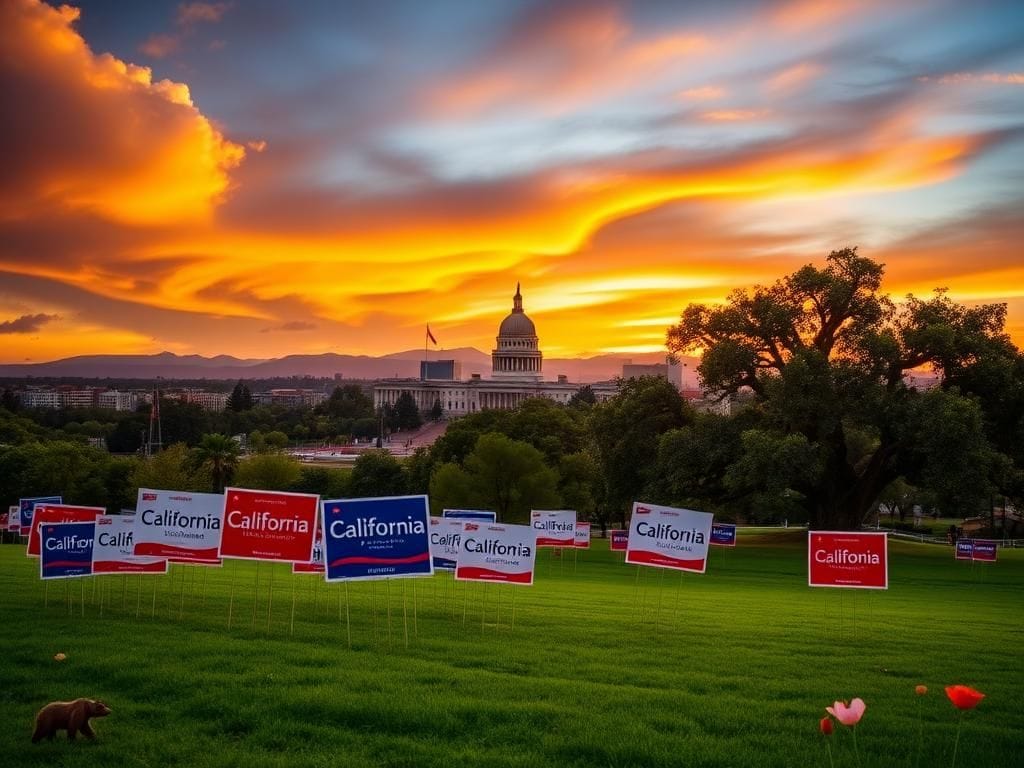Flick International Panoramic view of California's state capitol building at sunset with campaign signs