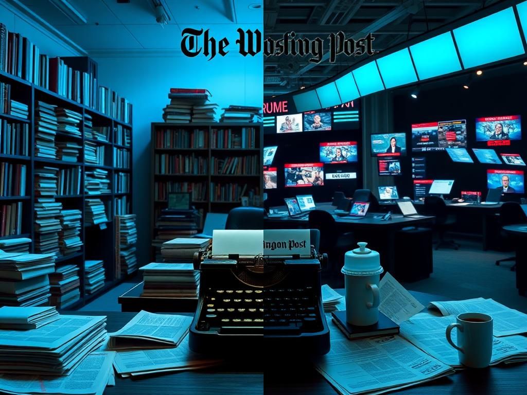Flick International Split-image showing contrasting scenes of a serene library representing traditional journalism and a chaotic newsroom symbolizing modern news challenges