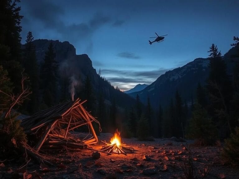 Flick International Rugged Montana wilderness scene during twilight with a makeshift shelter and campfire.