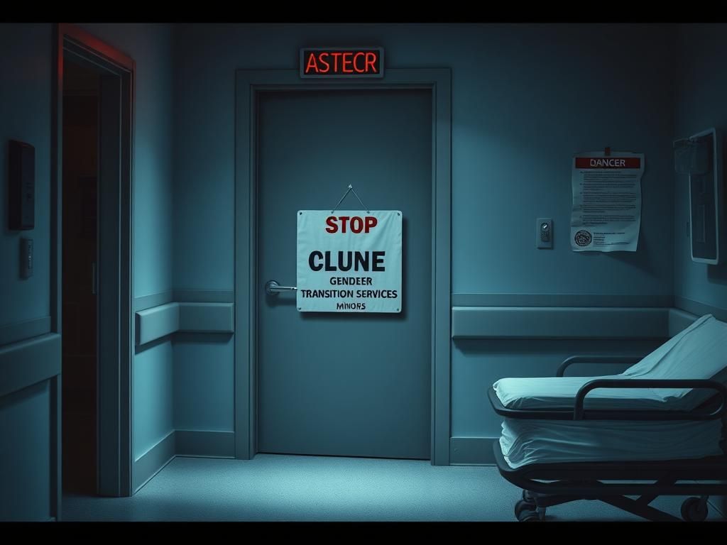 Flick International Closed clinic door in a hospital setting symbolizing the halt of gender transition services for minors