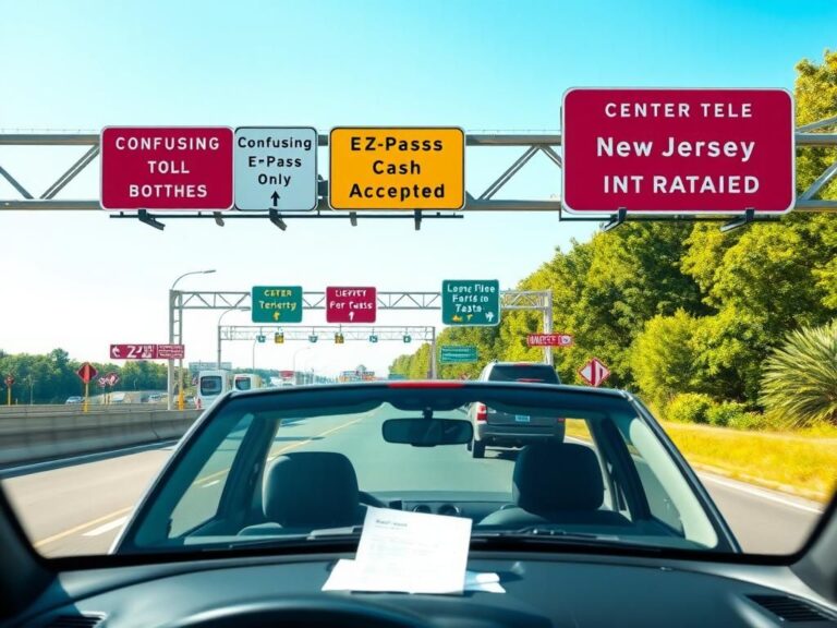 Flick International Vibrant scene of the New Jersey Turnpike toll booths with an empty car passing through.