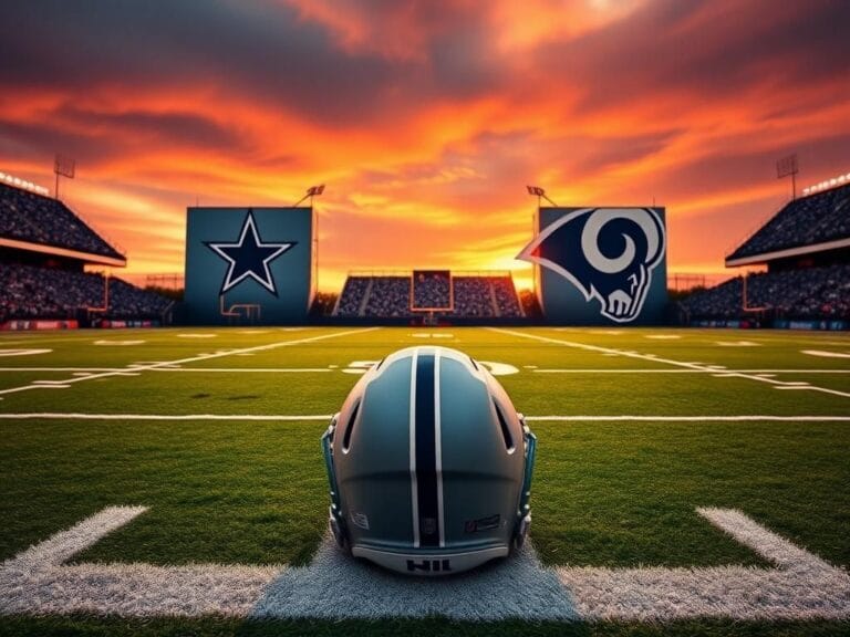 Flick International A close-up of a pristine football field at sunset with Cowboys and Rams logos