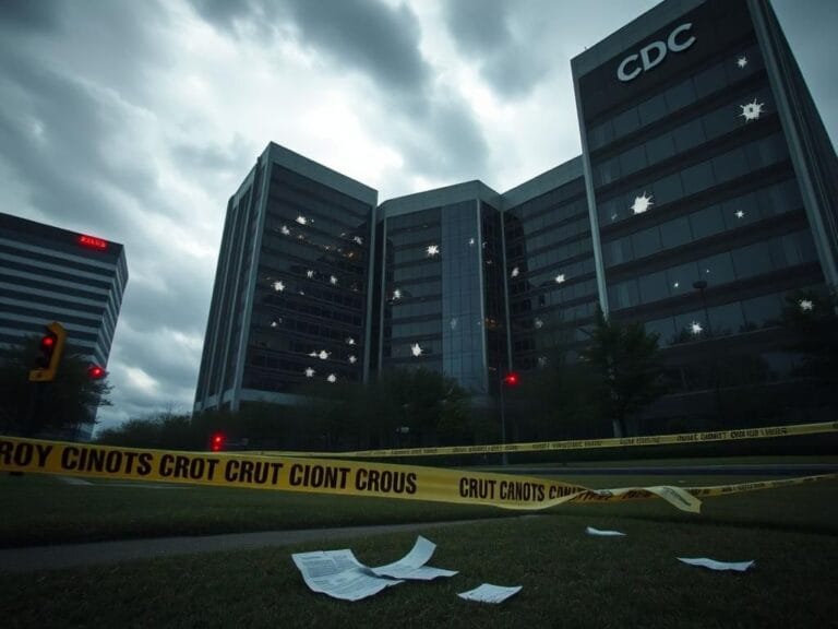 Flick International Exterior view of CDC headquarters with bullet-pocked windows