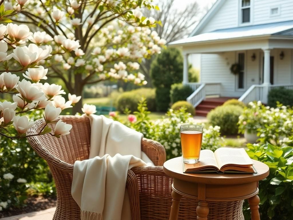 Flick International Serene Southern landscape with a wicker chair and blooming magnolia trees