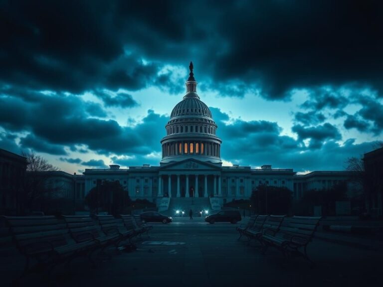 Flick International Dramatic silhouette of the United States Capitol building at dusk with storm clouds, symbolizing unrest.