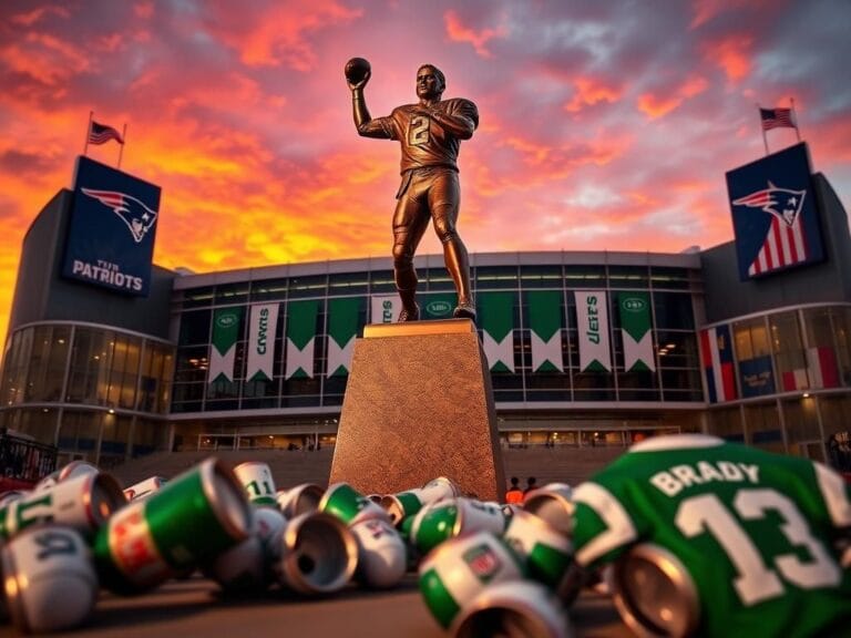 Flick International Bronze statue of Tom Brady unveiled outside Gillette Stadium against a sunset backdrop