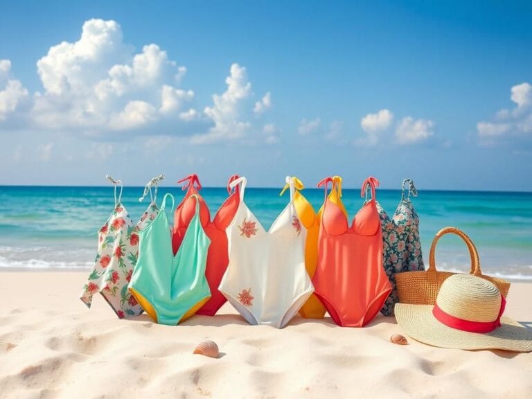 Flick International A serene beach scene with colorful tankinis on soft sand