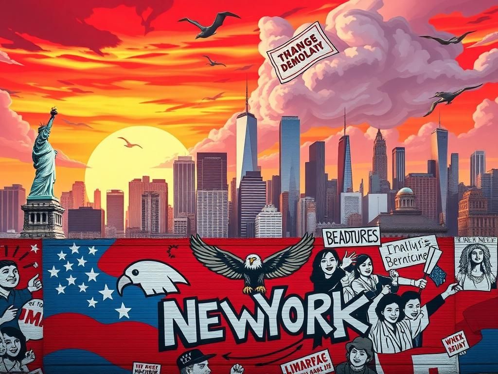 Flick International A vibrant mural symbolizing democracy in New York City with an eagle and diverse imagery related to immigration and healthcare.