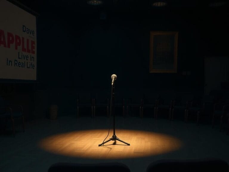 Flick International Dimly lit comedy club stage with a microphone and nostalgic backdrop representing Dave Chappelle's performance.