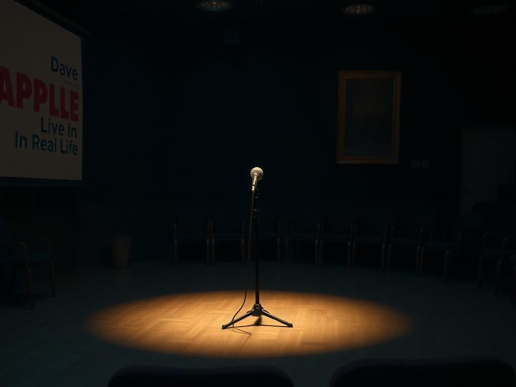 Flick International Dimly lit comedy club stage with a microphone and nostalgic backdrop representing Dave Chappelle's performance.