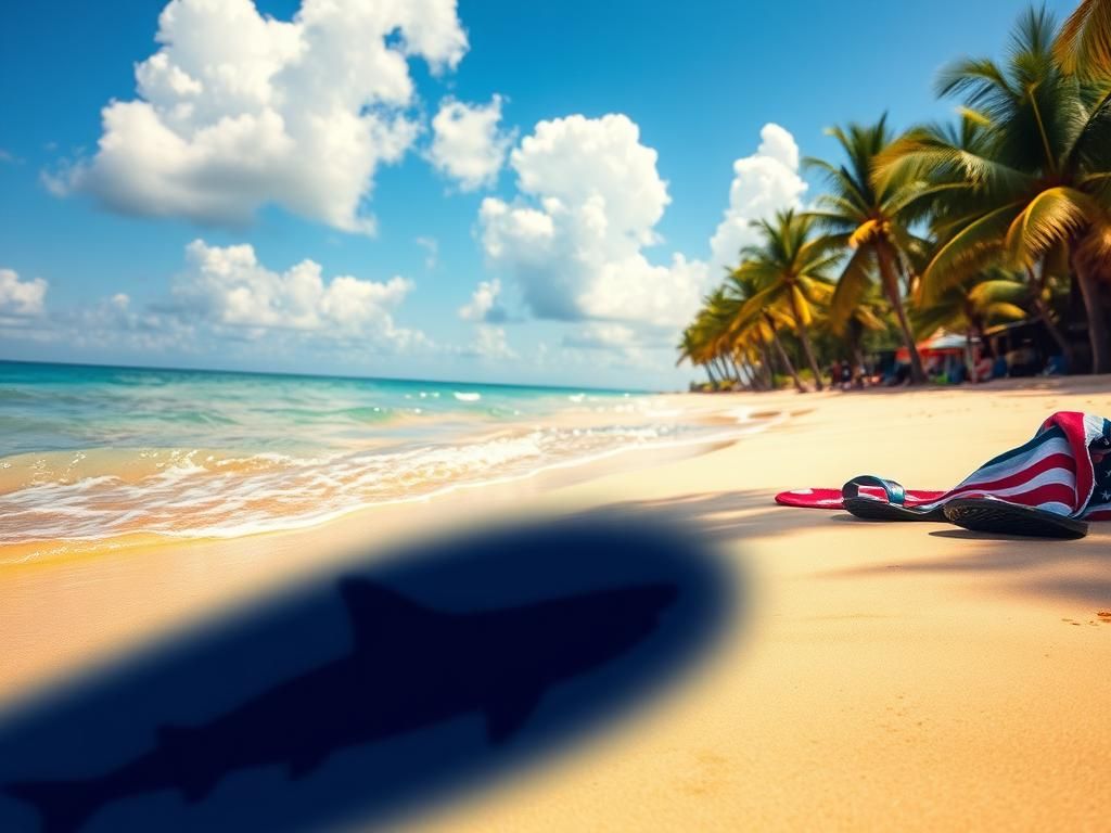 Flick International A serene beach scene in Puerto Rico with a dark shadow beneath the water indicating the presence of a shark.