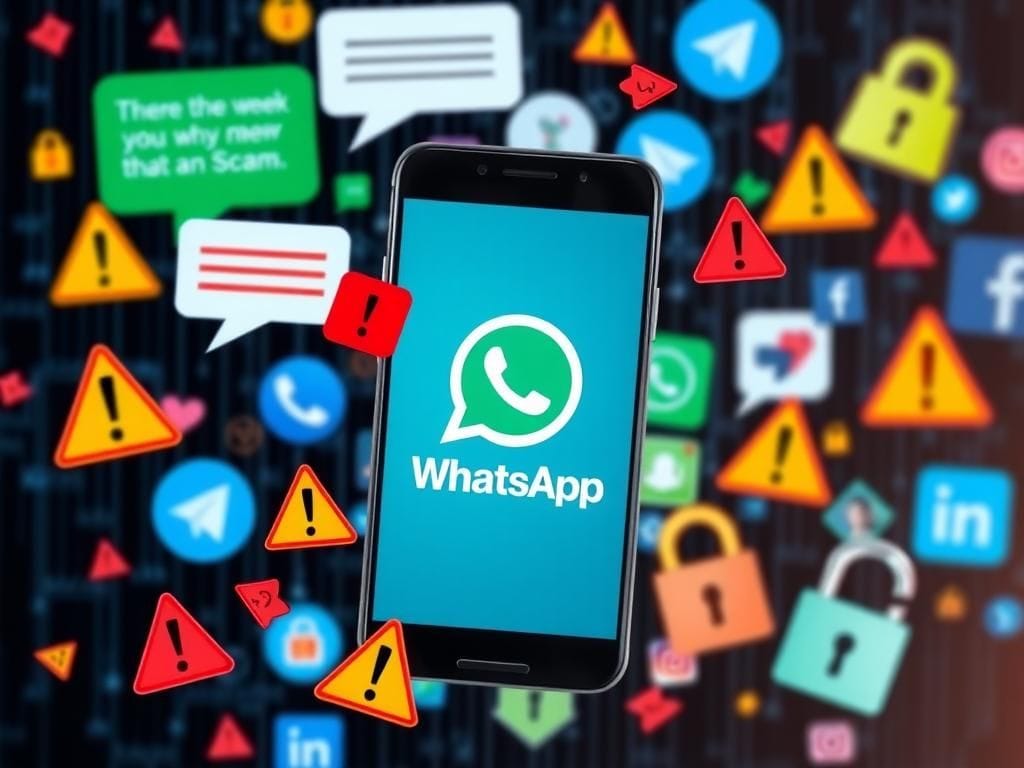 Flick International A digital collage illustrating a smartphone with the WhatsApp logo, surrounded by chaotic text bubbles and warning signs symbolizing online security threats.