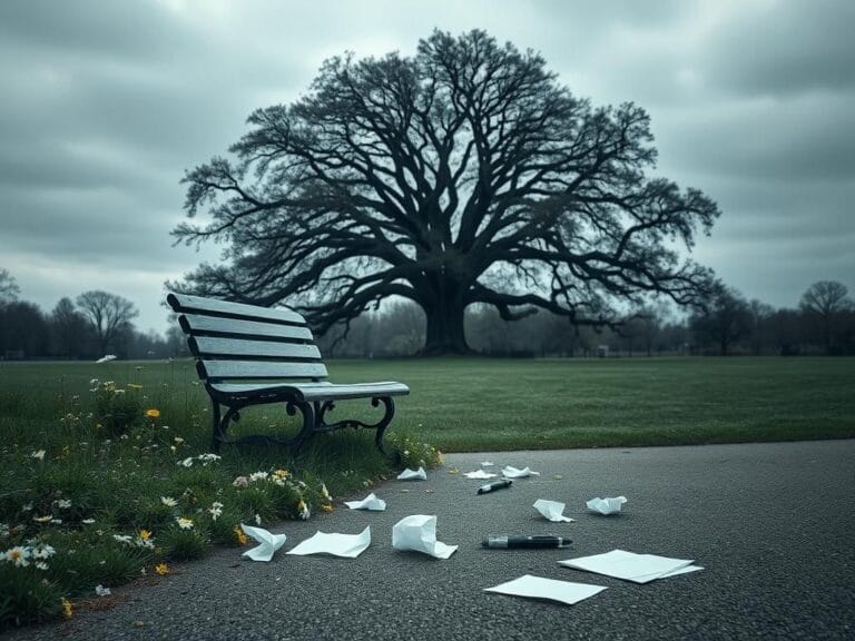 Flick International somber park scene with empty bench and wildflowers representing grief