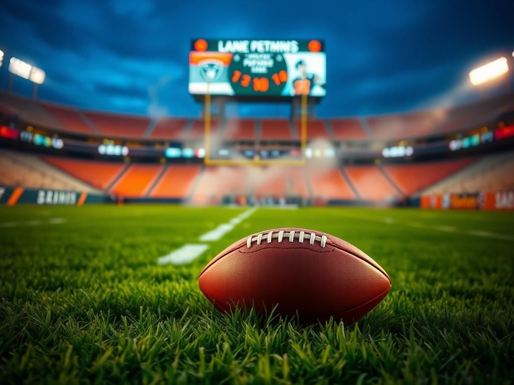 Flick International Dynamic football field scene at dusk showcasing a green turf and illuminated stadium lights