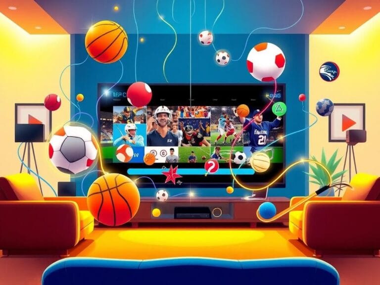 Flick International Dynamic illustration of iconic sports symbols including a football, basketball, baseball, hockey puck, and racing car with streaming cables