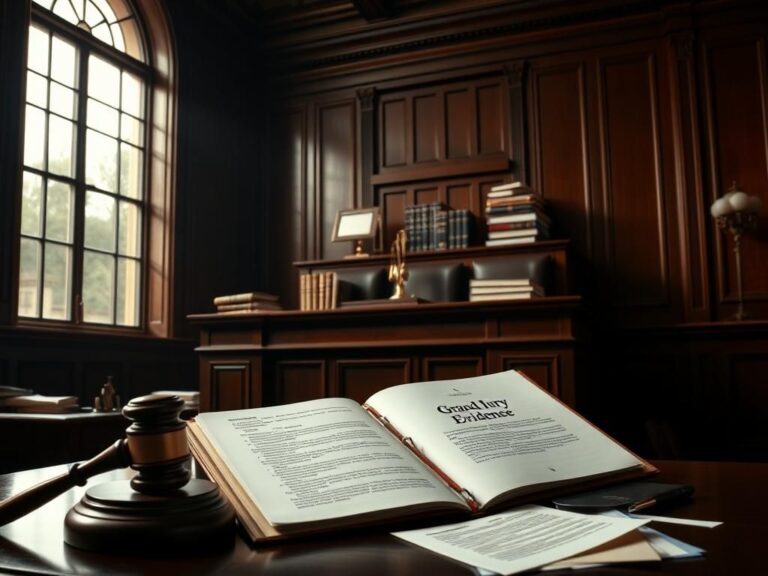 Flick International Dimly-lit courtroom with a wooden judge's bench and grand jury evidence folder