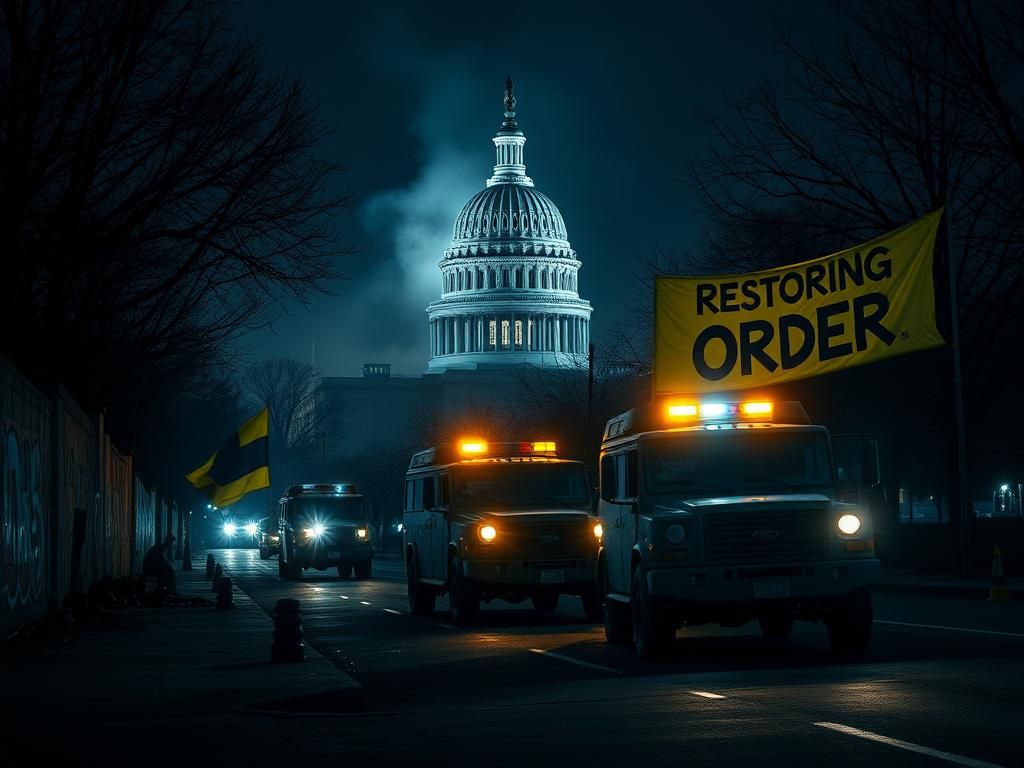 Flick International Dramatic nighttime scene of Washington, D.C. with National Guard vehicles and the Capitol dome