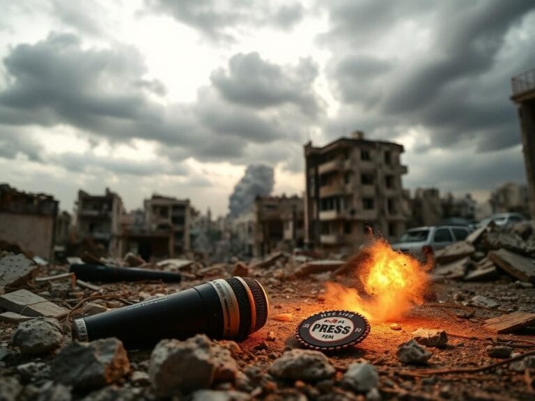 Flick International Dramatic scene of Gaza City ruins featuring media equipment after airstrike